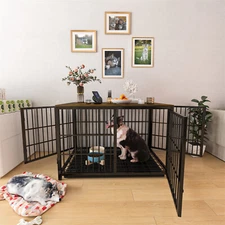 3 Doors Dog Crate w/ Tray Round Thick Tube Pet Cage Furniture End Table Indoor