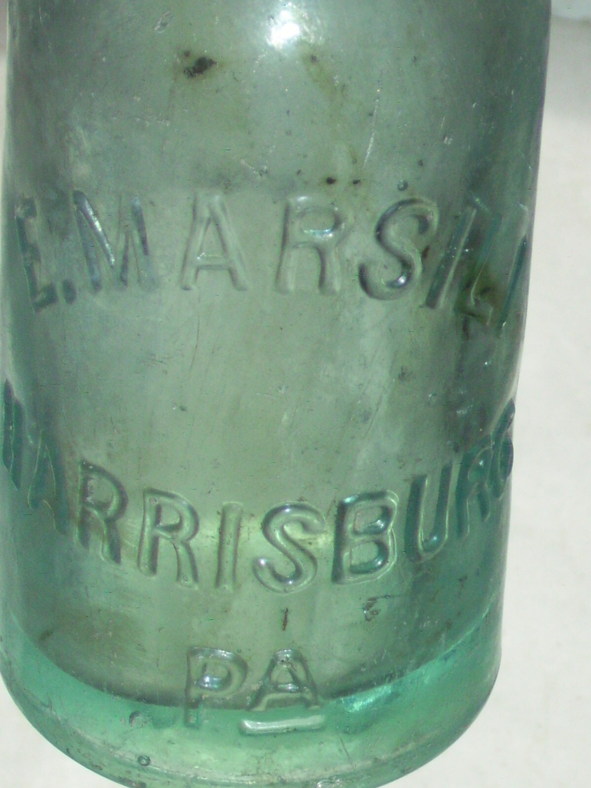Vintage blue embossed  E. Marsili Harrisburg, Pa. affixed blob top glass bottle
