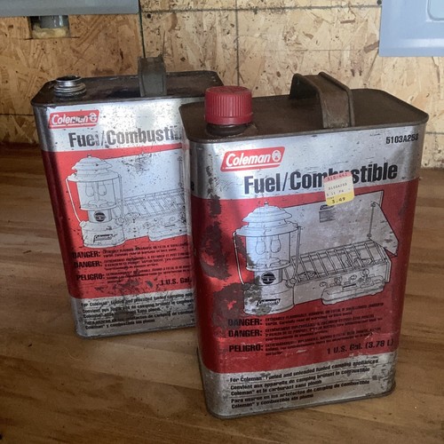 2 Vintage Coleman Stove and Lantern Camp Fuel Can Empty Advertising 1