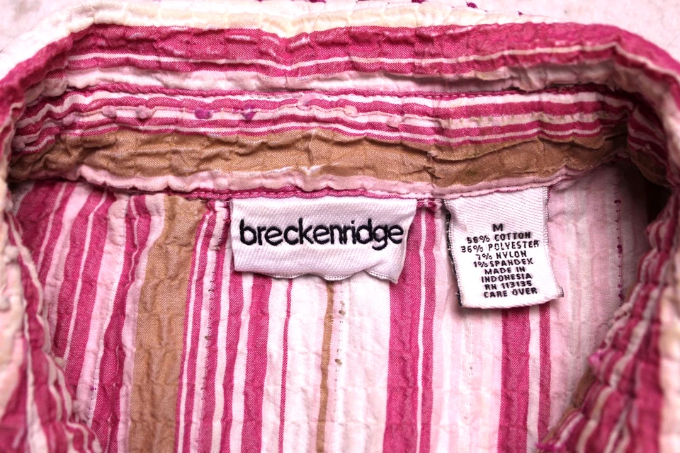 BLUSA BRECKENRIDGE Mujer Talla M Rosa Beige Blanco Rayas Manga 3/4 Arrugas Foto 3 de 4