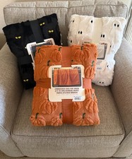 NWT Costco Halloween Faux Fur Throw Blanket Ghost Cat Pumpkin