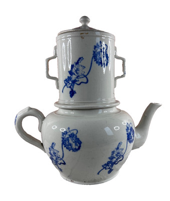 Antique Saint-Uze Blue Earthenware Herbal Teapot - French Blue White Faience