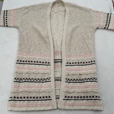Style & Co Womens Oatmeal/Pink Boho Fringe Cotton Open Front Cardigan Size Small