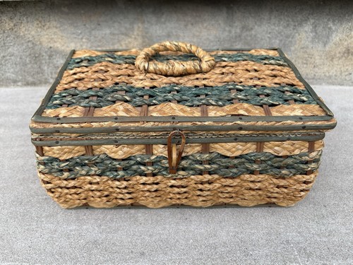 Vintage Woven Wicker Rattan Sewing Basket, Tan & Green w/ Lined With Satin