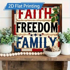 Faith Freedom Family Patriotic Wooden Plaque 4th of July Rustic Home Decoration