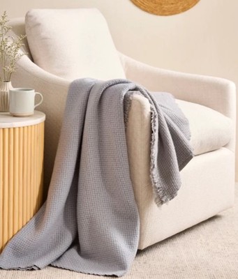NWT QUINCE Ultra Luxe Basketweave Throw BLUE FOG Sold Out Online MSRP $149.90