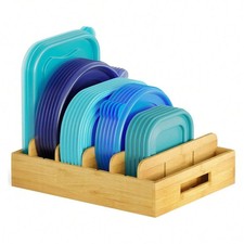 Bamboo Food Container Lid Organizer 5 Adjustable Dividers w Labels
