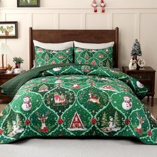 3 Piece Christmas Queen Quilt, Snowman Xmas Tree Reversible Queen Quilt Bedding
