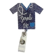 Scrub Life Badge Dark Blue Silver Glitter Nurse Badge Holder Retractable ID Clip