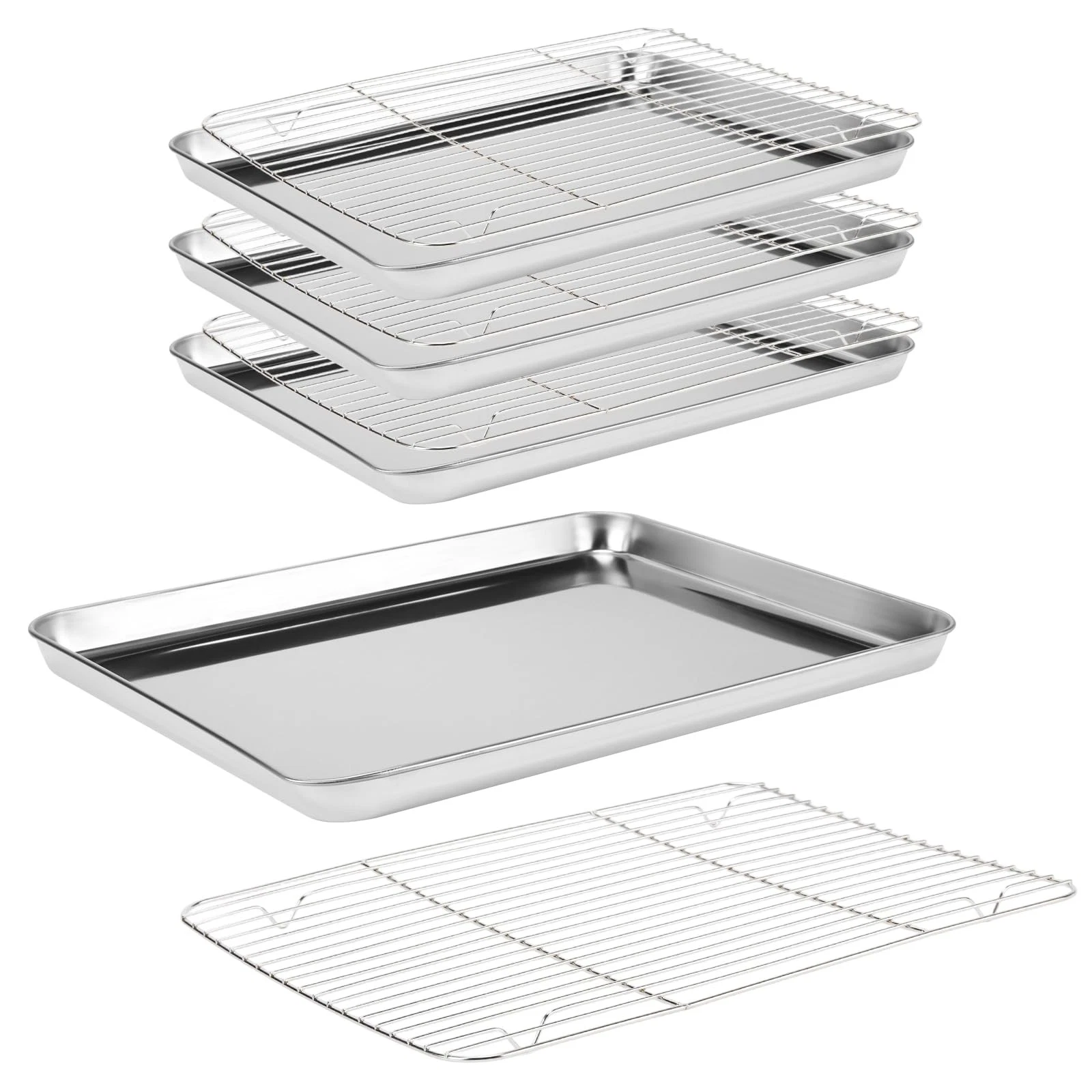 NINGWAAN Set of 4 Baking Sheets with Cooling Rack, 16 X 12 X 1 Inches, Silver