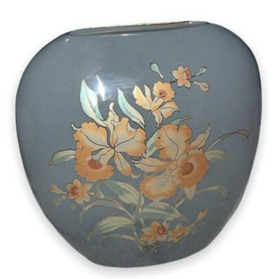 Vintage Shaddy Japan Orange Cattleya Orchids Flowers Gold Trim Vase Gray 7  80 s