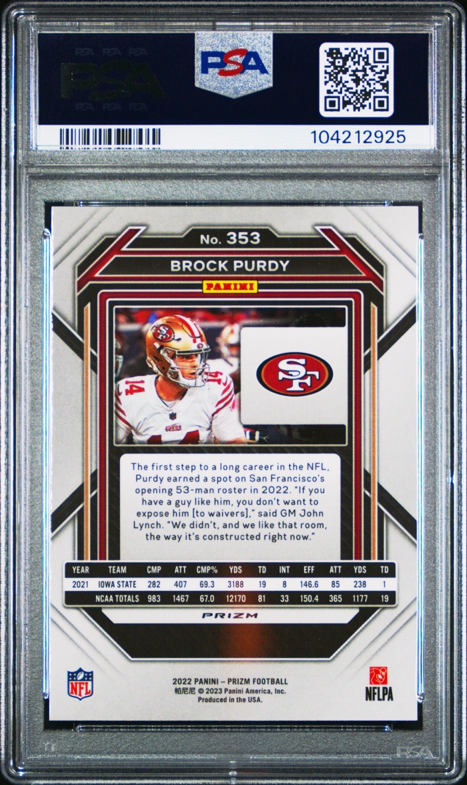 Brock Purdy 2022 Panini Prizm Red White & Blue Rookie Prizm 49ers PSA 10 view 2