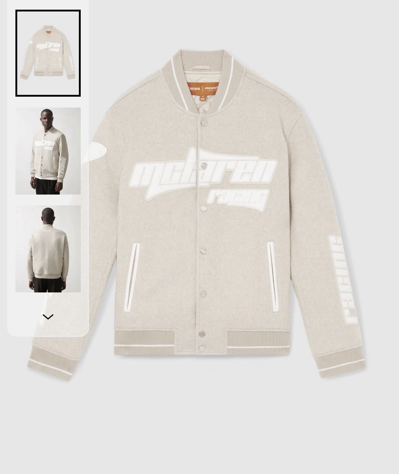 Reiss McLaren x Reiss Men’s Wool Bomber Varsity Jacket Beige Button Size M image 2