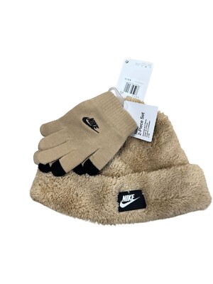 Nike Youth 2-Piece Set Beanie & Gloves Tan Fleece Unisex Cozy Winter Hat NWT