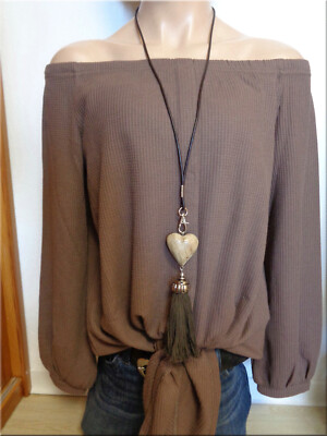 Neu Shirt Yoins Off Shoulder Langarm Knoten Waffelstruktur mit Quastenkette
