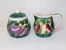 VINTAGE CERAMIC CREAM AND SUGAR SET GREEN WITH VEGETABLES WANG WEAVETEX 1995