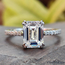 Moissanite Hidden Halo Engagement Ring 2.30 CT Emerald Cut Solid 14K White Gold