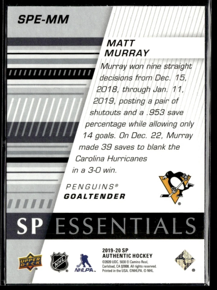 2020-21 SP Authentic essentials Matt Murray /99 #SPE-MM H11R2I - Image 2 of 2