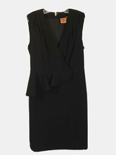 Tory Burch Black Crepe Dress Fringe Ruffle Sleeveless Pleats V-Neck Sheath Sz 8