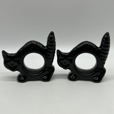 Set Of Vintage Black Cat Ceramic Napkin Rings Glazed Finish Halloween  Decor