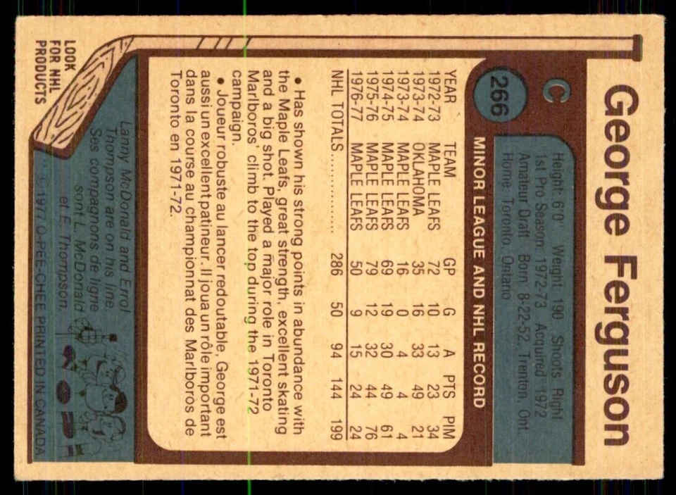 1977-78 O-Pee-Chee George Ferguson Toronto Maple Leafs #266 - Image 2 of 2