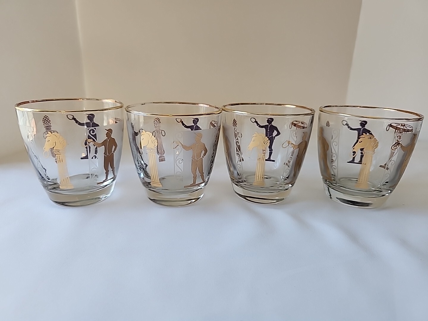 Equestrian Horse Jockey Gold Double Old Fashion Cocktail Barware 4 Glass Set
