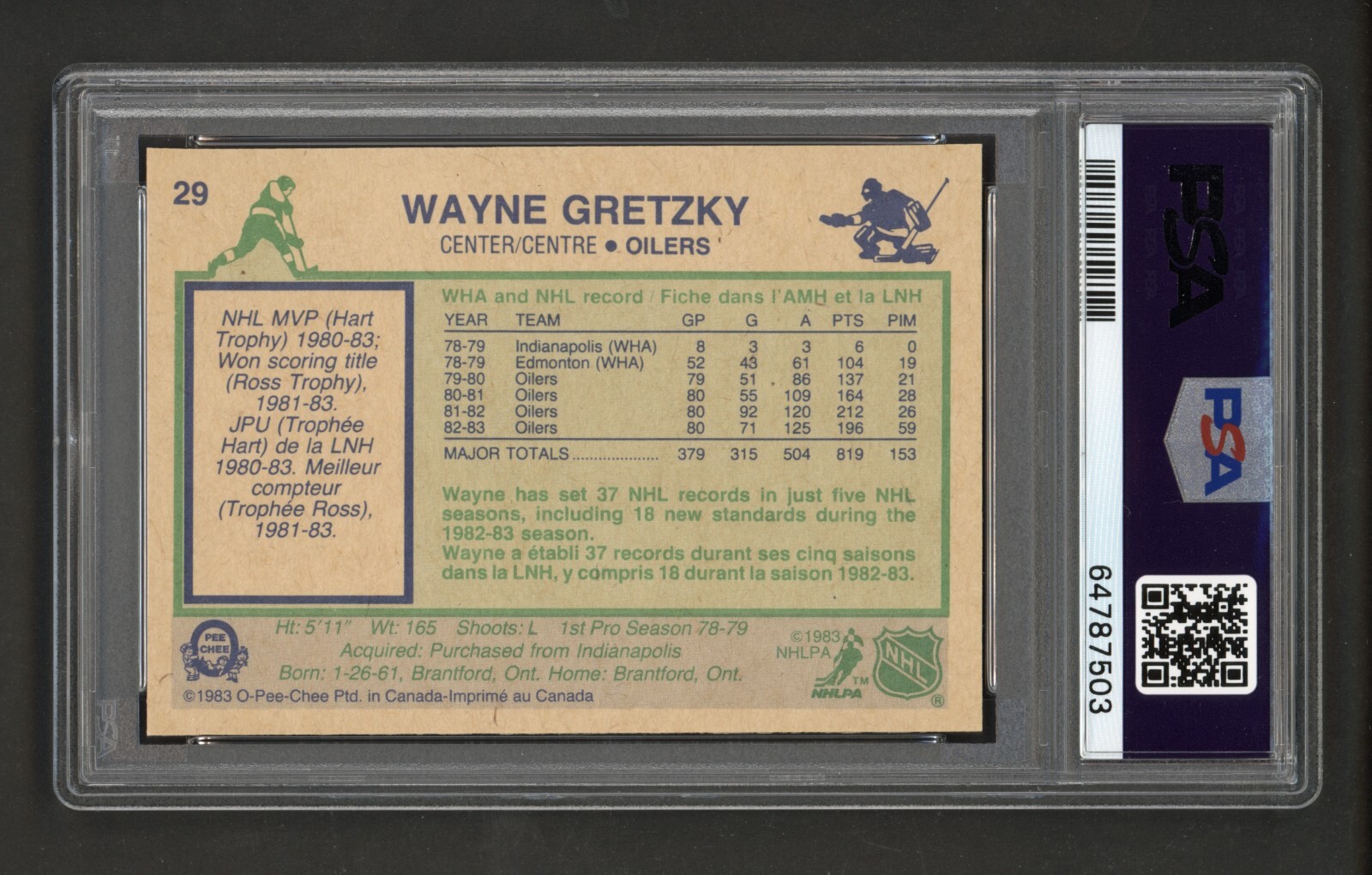 1983 OPC #29 WAYNE GRETZKY PSA 9 MINT view 2
