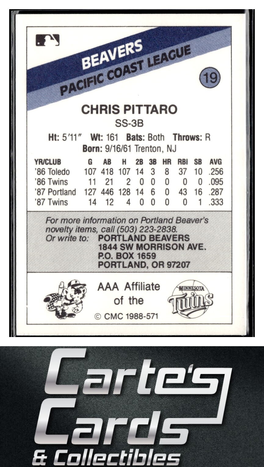 Chris Pittaro 1988 CMC Portland Beavers #19  Minnesota Twins
