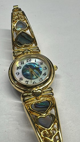 Kathy Ireland Watch Women Gold Tone Abalone Heart Stretch Band New Battery