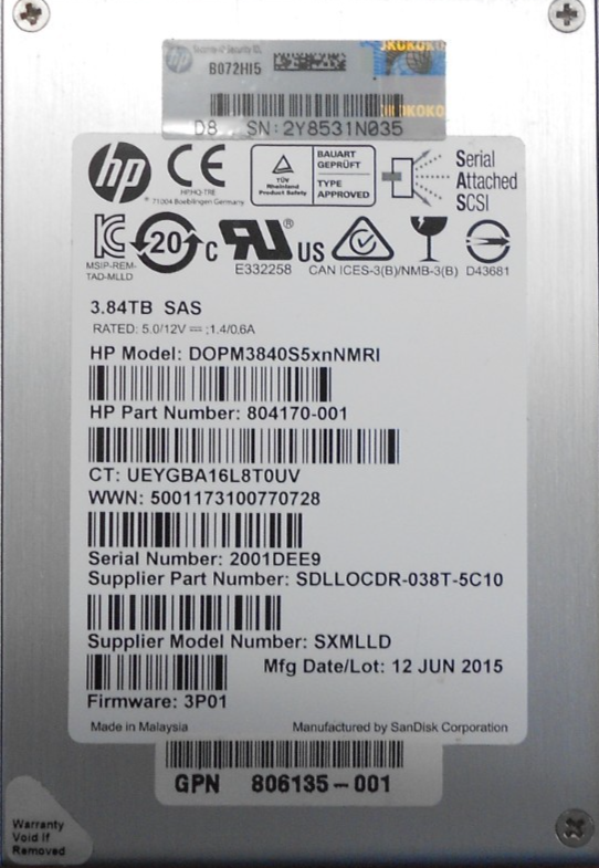 HPE HP 3PAR 3.84TB SAS SSD Hard drive 806135-001 804170-001 873101