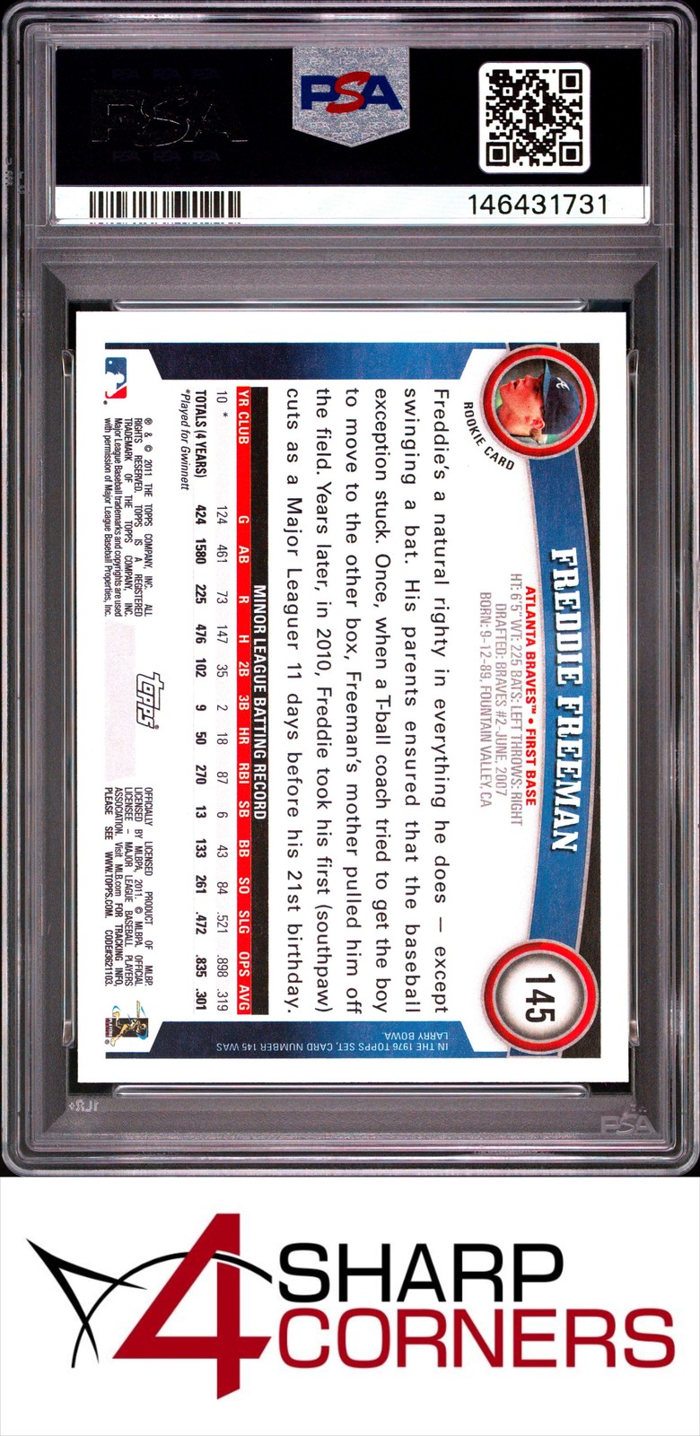 2011 TOPPS DIAMOND ANNIVERSARY #145 FREDDIE FREEMAN RC BRAVES PSA 9 view 2