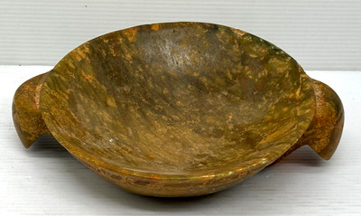 Large 22cm Vintage Chinese Archaic Style Hardstone Bowl Taotie Mask Handles