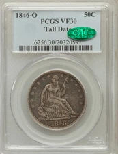 1846-O 50C Tall Date PCGS VF30 CAC Liberty Seated Half Dollar 20320591