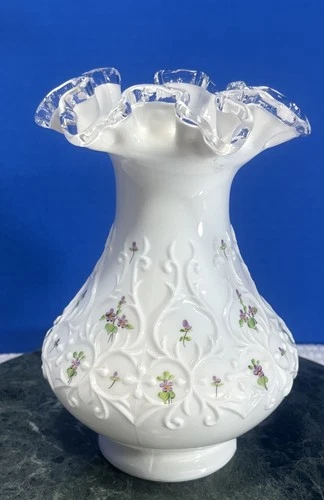 Fenton Glass Silver Crest Spanish Lace Hand Painted Violets Vase Signed Vtg