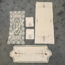 Lot 5 Vintage Linens Hand Embroidered Table Runner Lace Centerpiece Doilies