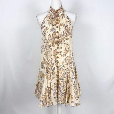 Zara Blogger Fave High Collar Paisley Boho Flared Mini Dress Women's Medium Tan