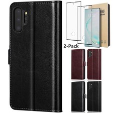 For Samsung Galaxy Note10 Plus Leather Magnetic Case Cover / 2x Tempered Glass
