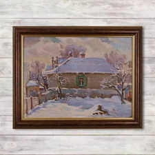 Winter Rural Landscape Original Antique Framed Oil Painting by Ukrainian Artist