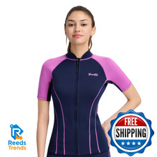 GoldFin Women Wetsuit Top, Womens Short Sleeve Wet Suit Jacket Neoprene Front Zi