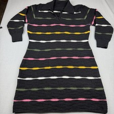 Vintage Y2K CIDER Striped Knit Polo Sweater Dress Long Sleeve Black Textured 3XL