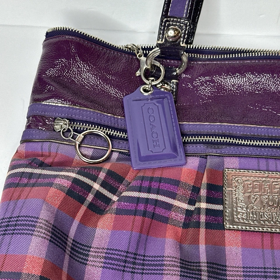 Bolso de hombro COACH 15886 Poppy Tartan Glam púrpura rosa plata Foto 2 de 4