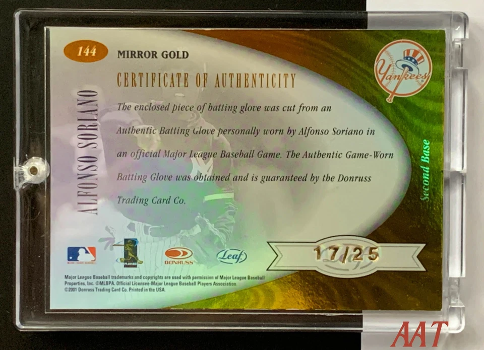 2001 Leaf Certified Mirror Gold Alfonso Soriano Glove 2 Color Patch RC 17/50 - Image 2 of 2