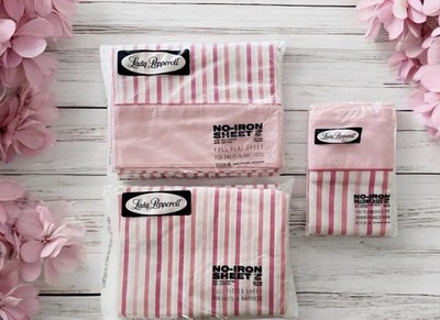 LADY PEPPERELL Full Sheet Set Flat/Fitted Sheets Pillowcases New Vtg Pink Stripe