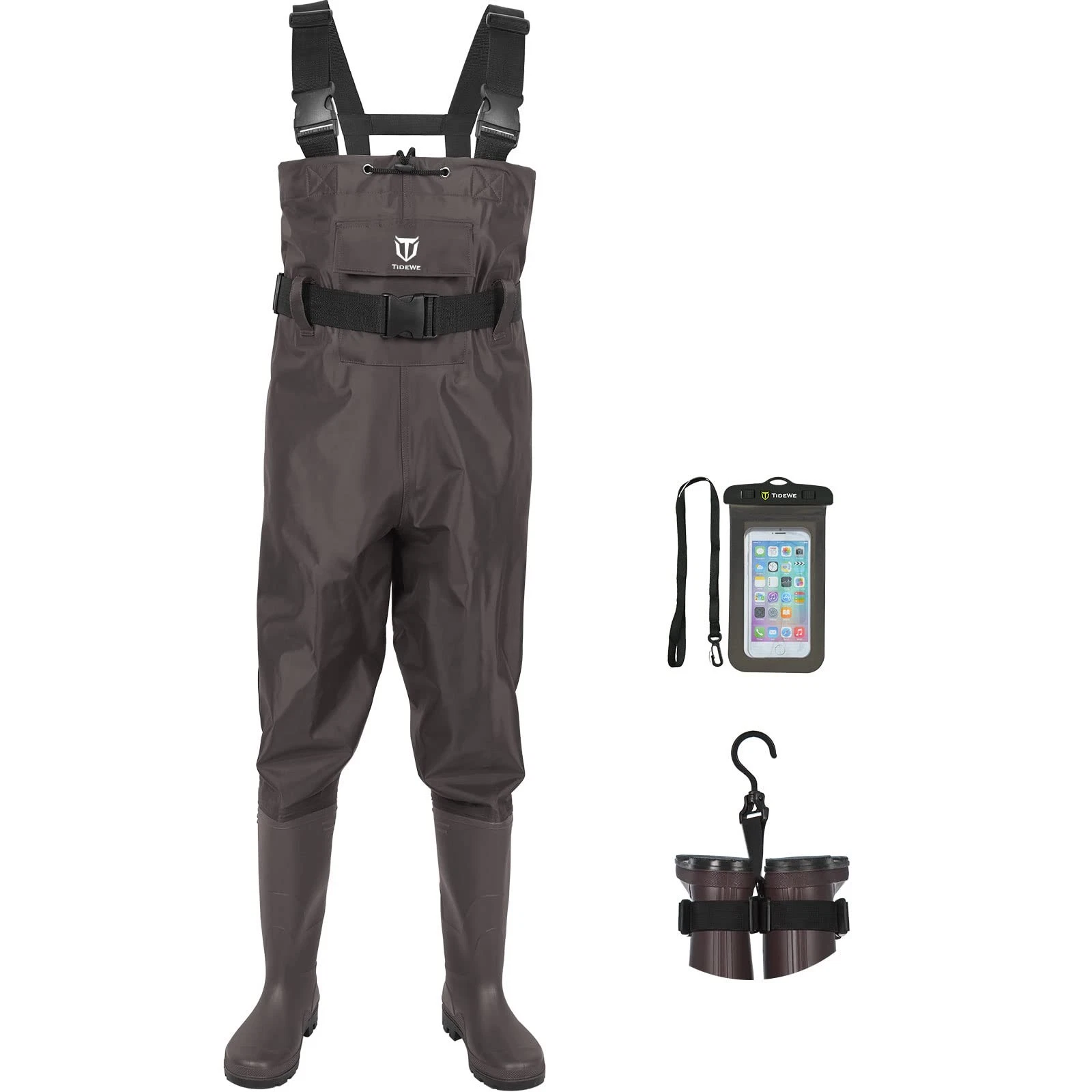 TIDEWE Bootfoot Chest Wader, 2-Ply Nylon/PVC Waterproof M10/W12, Brown
