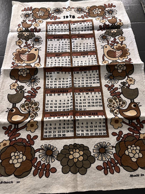 Vintage Belinda Lyon Mod Birds  1978 Calendar Tea Towel Linen Old Bleach