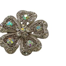 Vintage  Aurora Borealis Rhinestone Flower Brooch Openwork Silver Tone Pin 2 in