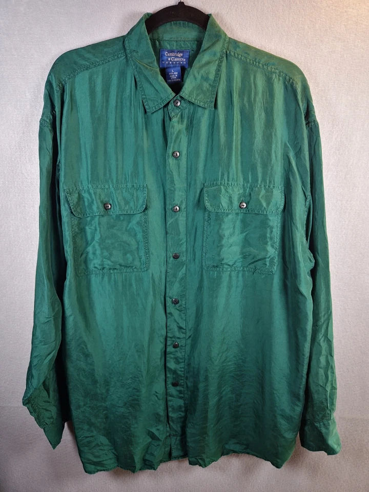 Vintage Cambridge Classics 100% Silk Hunter Green Shirt L Mervyns Button Up Y2K - Image 2 of 4