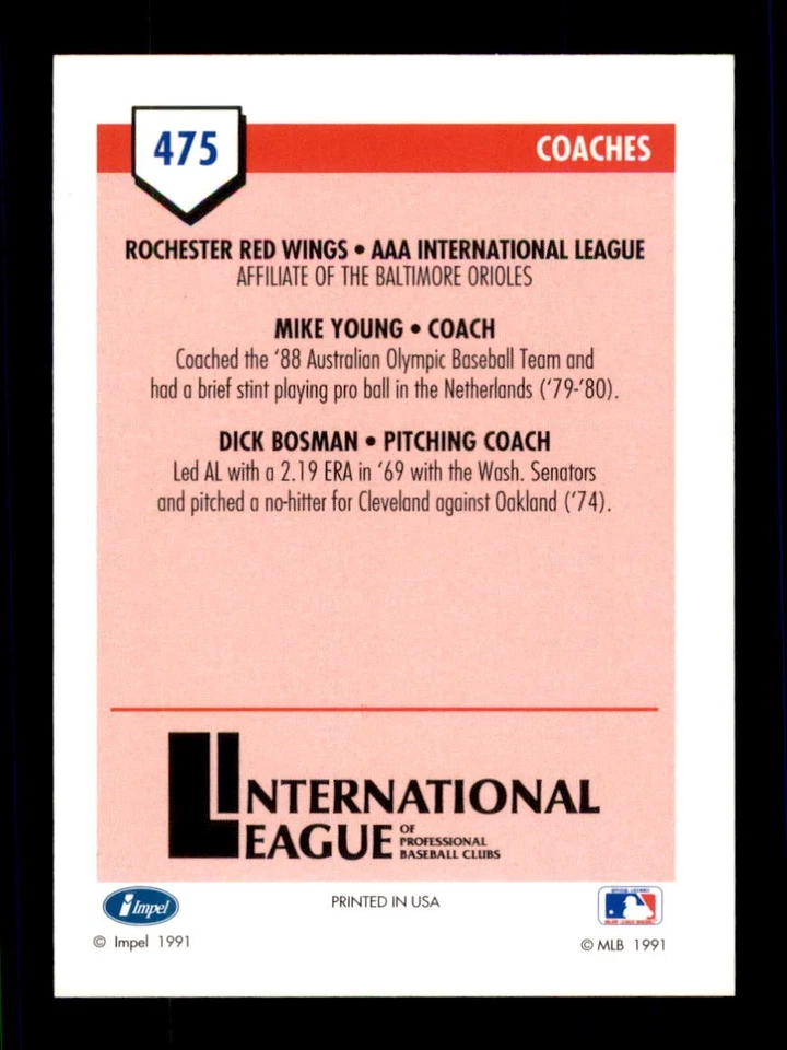 1991 Line Drive AAA #475 Mike Young / Dick Bosman Rochester Red Wings - Image 2 of 2
