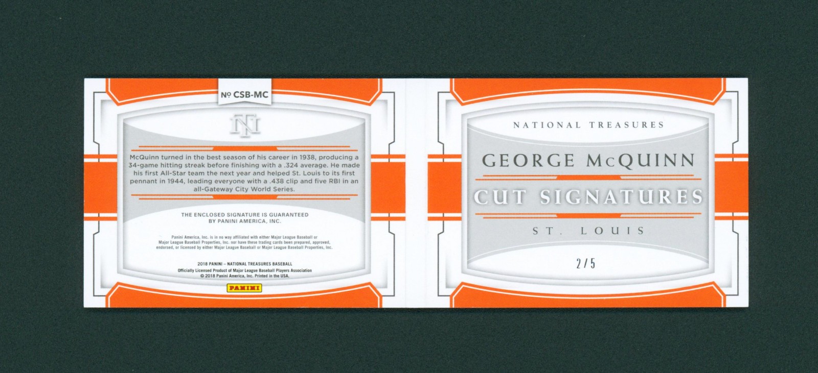George McQuinn 2018 National Treasures 2/5 Cut Signatures Booklet Auto Sp NT view 2