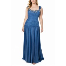 Adrianna Papell Women's Formal Dress Size 6 Blue Beaded Pleated Chiffon Gown